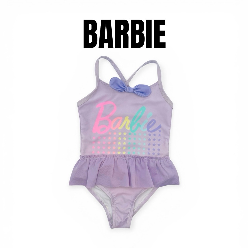 045 BARBIE Lavender Swimsuit with Pastel Rainbow Logo and Bow - Size 3T